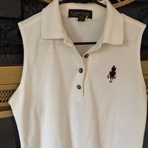 Cross Creek Vintage White Sleeveless Polo Top with Embroidered Rider Equine